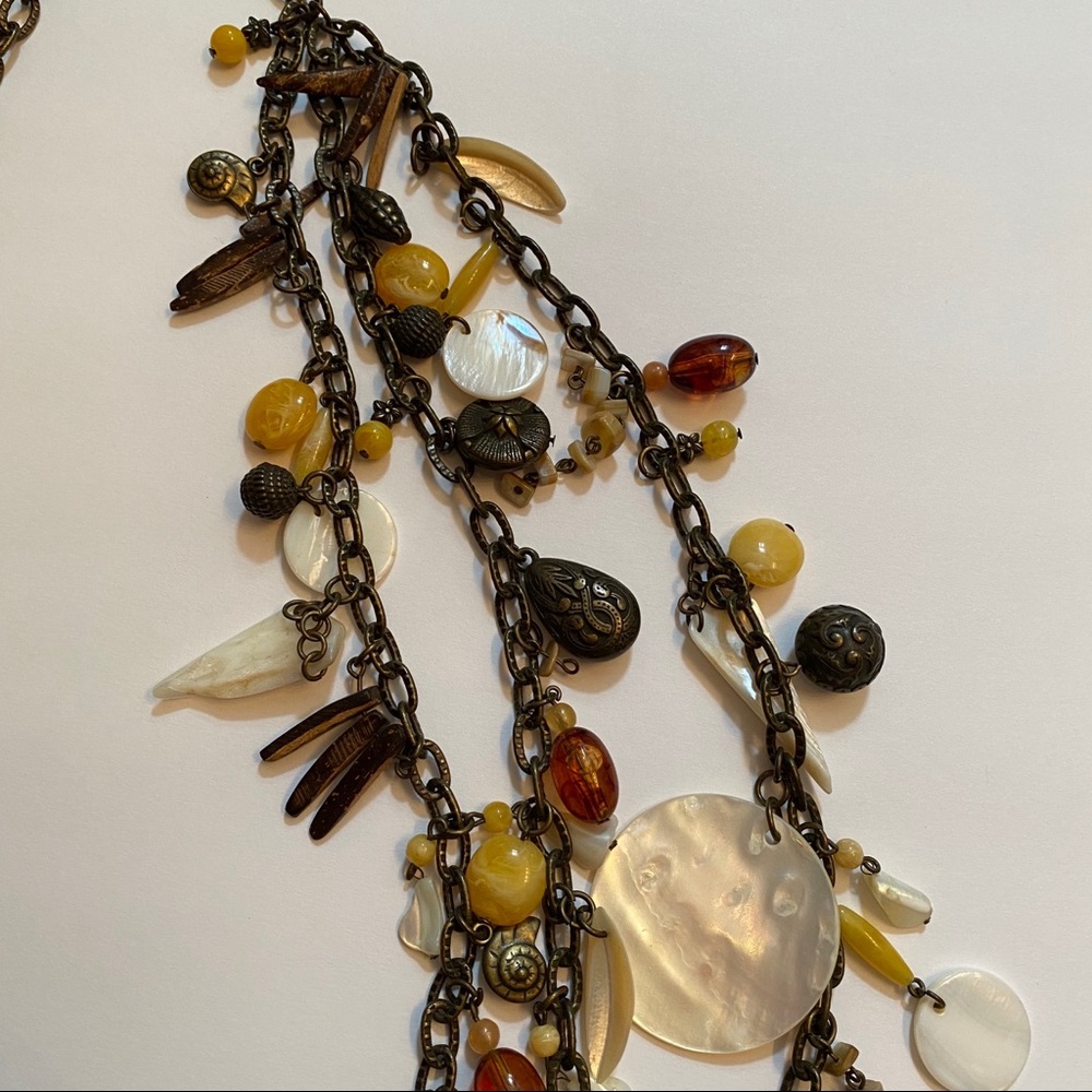 NECKLACE CHARMS SHELLS GLASS BROWN WHITE YELLOW MIXED MEDIA 30”